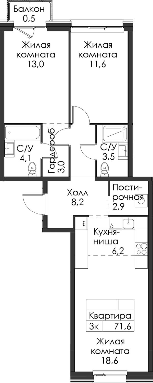 2-комнатная квартира 71.6 м², 2/12 эт., ЖК «Шкиперский 19»
